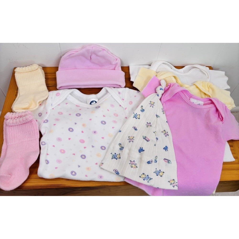 Newborn Infant Baby Girl Lot of 10pc 2 Pair Socks 1pc 2 Hats 3 Tees Pink Pastels